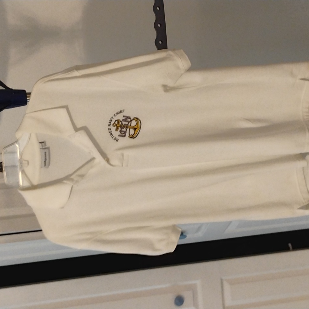 Q Retired Navy Chief white polo shirt size large gently used men's